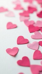 Fototapeta premium Close-up of heart-shaped confetti on clean white surface, decoration, cheerful, party