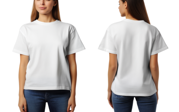 Female wearing a plain white oversized t-shirt, front and back mockup, isolated on a transparent background