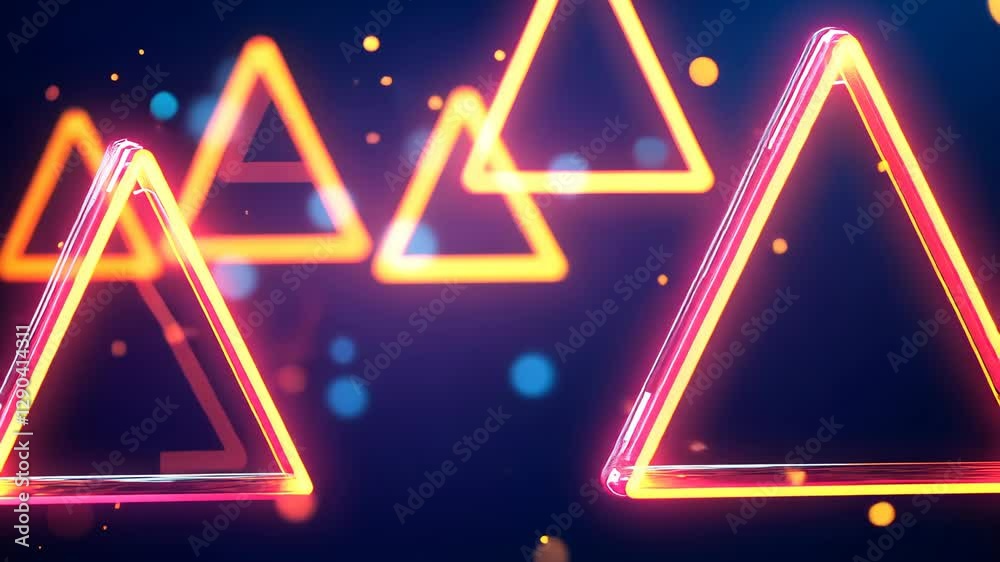 Poster neon triangles illuminate a colorful background with light spots at night, neon triangles over light