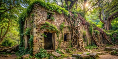 Ancient stone structure with vines and foliage climbing up the walls, overgrown branches and moss-covered stones , rustic charm, historical landmark