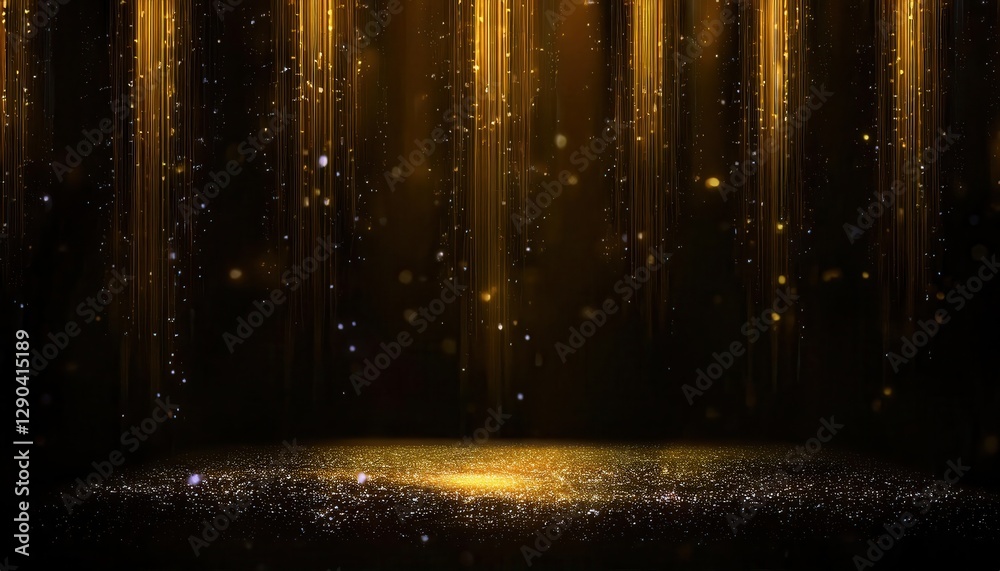 Aufkleber golden sparkling particles falling down with glowing lights on dark background, bokeh effect, cosmic