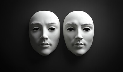 Two white drama masks, the mask on the left is sad and serious with closed eyes, while the one to its right has an open, smiling expression; dark background