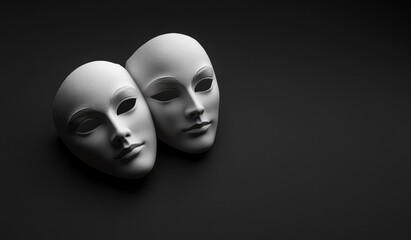 Two white drama masks, the mask on the left is sad and serious with closed eyes, while the one to its right has an open, smiling expression; dark background