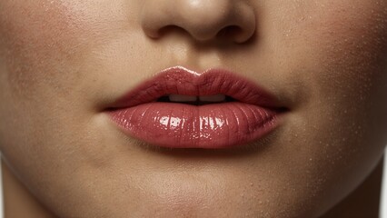 Obraz premium Model's lips with glossy lip gloss, close-up and vibrant, on a neutral background, copy space