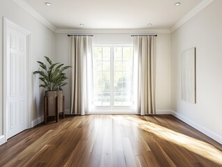 Fototapeta premium Montreal home's living room with a new wooden floor, showcasing the elegance and warmth of wood flooring, with white walls and curtains in soft lighting.