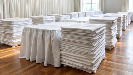 White tablecloths neatly stacked on a floor with some wrinkles and creases , fabric, tablecloth