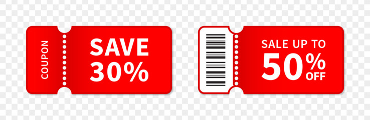 Coupon discount set on white background. Sale gift vouchers. Promo card. Vector