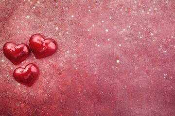 Fototapeta premium Two red hearts on a pink glitter bokeh, copy space concept for love and romance, romantic party, wedding ceremony, or greeting card template, web banner design. High-resolution photography.