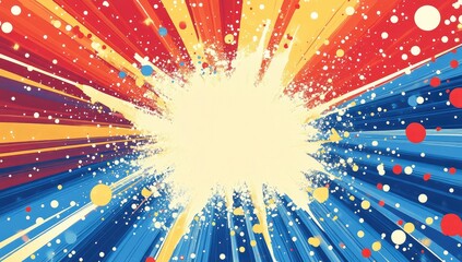 Bright red and blue rays, explosion of dots and bubbles. Vector illustration of comic game competition banner template or promotional poster design with copy space area.