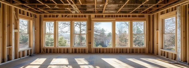 Obraz premium Interior of House Under Construction with Large Windows