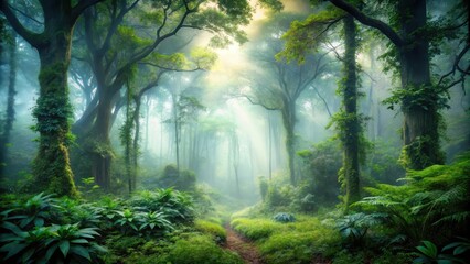 Obraz premium Enchanted Forest Amidst Thick Fog , dense foliage, fog, dense foliage, fog, overgrown trees