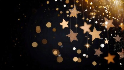 sparkling golden stars and bokeh lights on dark background, festive decoration for holiday or celebration