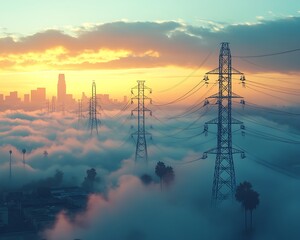 City power lines above sunrise fog