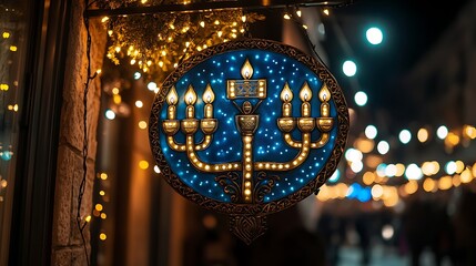 Illuminated Menorah Hanging Outside With Decorations At Night Time