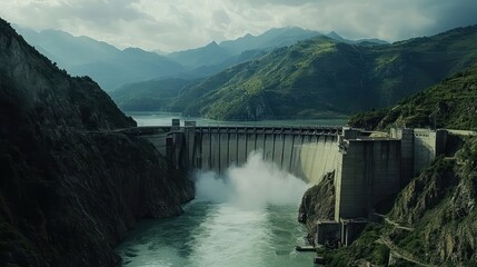 A large hydroelectric dam with powerful water flows, surrounded by lush green mountains, symbolizing sustainable energy generation