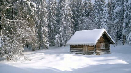 A charming wooden hut with a snow-covered roof in the middle of a white winter landscape, surrounded by tall pines.