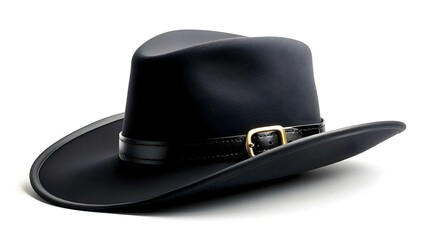 A black cowboy hat made of leather, featuring a wide brim and a band with a gold buckle. Concept Black Leather Cowboy Hat, Wide Brim Design, Gold Buckle Band, Stylish Western Accessory