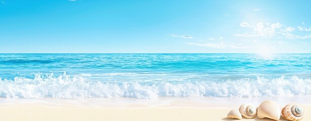 Obraz premium Tropical Beach Scene with Clear Blue Ocean Waves, Sandy Shore, and Seashells Under a Bright Sky for Relaxation and Summer Travel Themes