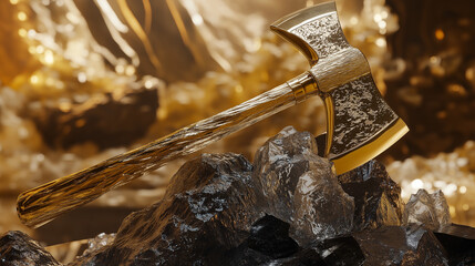 Golden Battleaxe of Legends. A dazzling double-headed axe with a golden blade and textured surface, resting on black crystalline rocks in a shimmering, treasure-filled cavern of gold and light