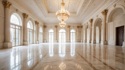 The image depicts an opulent room with a grand chandelier, tall arched windows, and a polished marble floor, exuding a sense of luxury and elegance.	
