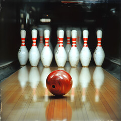 A red bowling ball strikes all ten pins in a perfect strike, leaving a blur of white and red pins in its wake