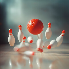 A red bowling ball strikes all ten pins in a perfect strike, leaving a blur of white and red pins in its wake