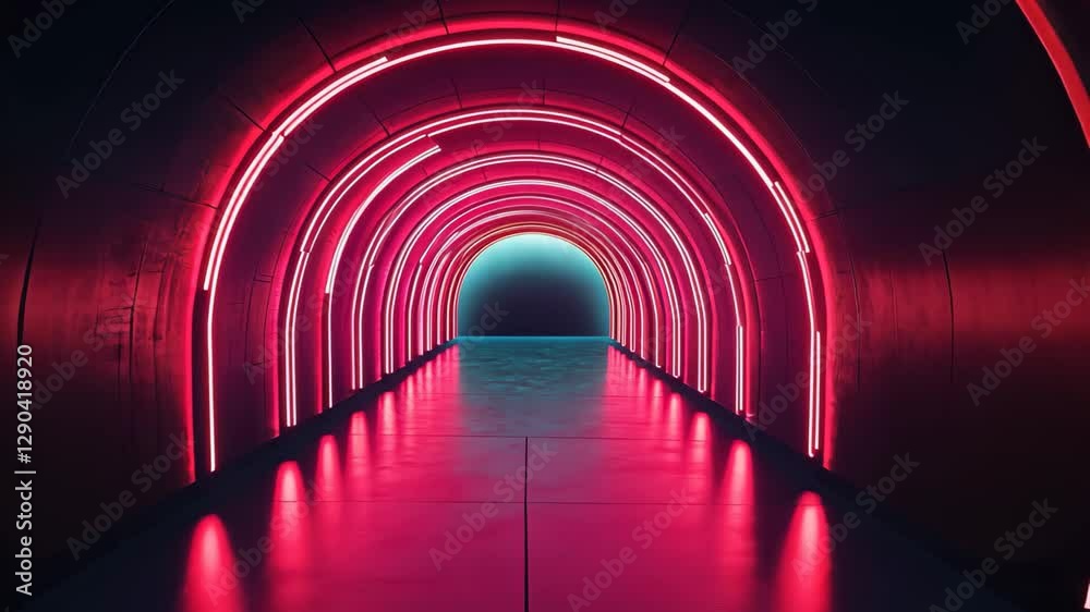 Poster Digital tunnel featuring red neon shapes against a dark background creates a futuristic atmosphere, digital tunnel of red neon shapes on black background