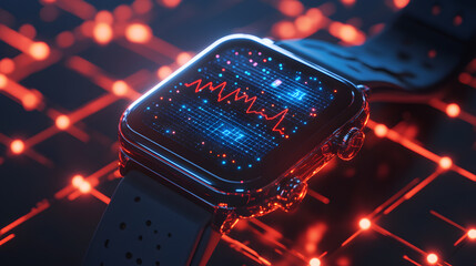 glowing smartwatch displaying real time health data on futuristic grid background, showcasing advanced technology and innovation