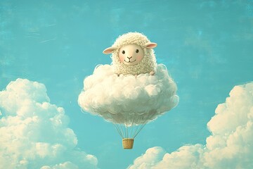 Cartoon sheep piloting a cloud hot air balloon