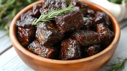 Fototapeta premium Roasted beef cubes in wooden bowl on white table with herbs