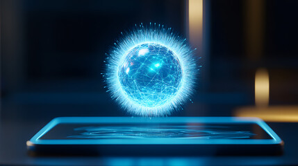digital holographic globe floats above tablet, emitting radiant blue glow futuristic setting. scene suggests advanced technology and innovation, with focus digital connectivity and virtual