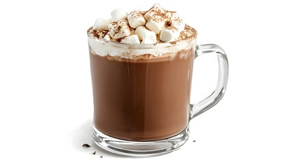 Hot mocha coffee with marshmallows on top on white background 