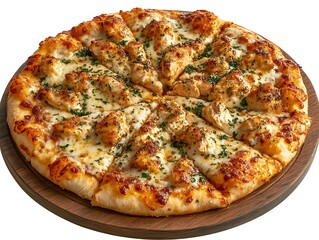 Delicious chicken pizza with toppings on a wooden serving board