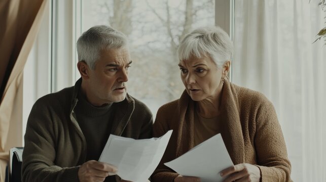 Retirement financial stress shown by a senior couple discussing their finances. Featuring concern and doubt