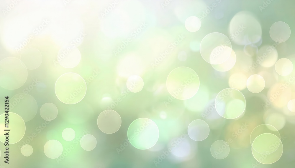 Poster soft abstract bokeh background with green and yellow hues, blurred circles for creative design or ca