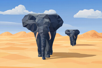 Elephants walking in desert landscape, low poly style