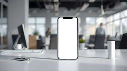 Mockup of a phone screen to fill in. Modern office background for site or mobile app presentation	