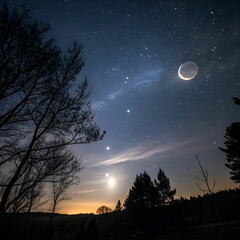 A night sky with a barely visible moon, showing only a faint crescent against the darkness.