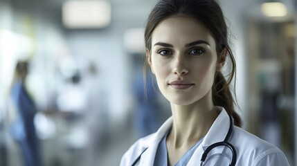 Naklejka premium Compassionate female healthcare professional in a white coat with a kind expression