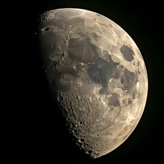 Naklejka premium A sharp, half-illuminated moon with rich texture, showcasing detailed craters and rugged terrain.