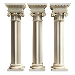 Ionic Columns: Greek Architecture, 3D Model, White Pillars isolated on transparent background