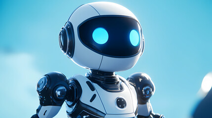 Cartoon robot with big head and glowing blue eyes