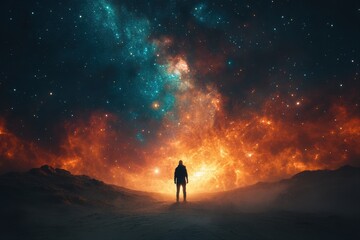 Astronauts explore cosmic wonders outer space digital art nebula perspective infinity