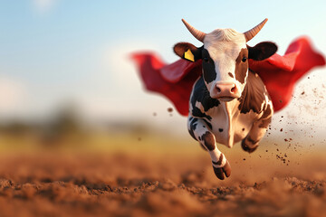 cow wearing red cape runs energetically across dirt field, showcasing whimsical and playful scene. vibrant colors and dynamic motion evoke sense of fun and adventure