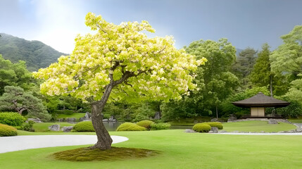 Japanese Garden with Blooming Tree and Gazebo