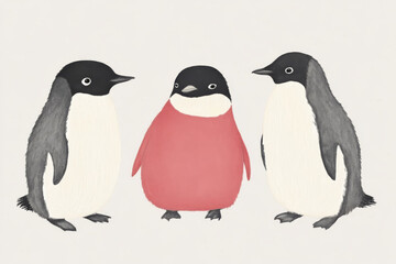 Naklejka premium Cute penguins in playful illustration with red one