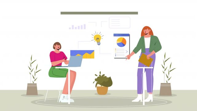 Vector scene animation showing a group of professionals engaging in business planning activities, such as setting objectives, creating timelines, and allocating resources for success.