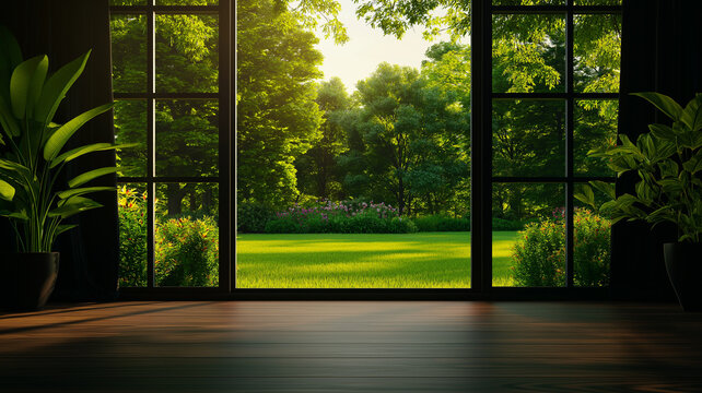 serene view of lush garden through large windows, showcasing vibrant greenery and sunlight filtering in, creating peaceful atmosphere