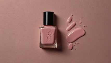 Pink nail polish bottle with spills, glossy and vibrant, on a soft pink background, copy space