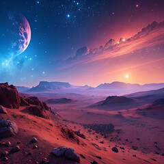 A sunset on Mars, with the sky glowing in shades of blue and orange over the rocky horizon.
